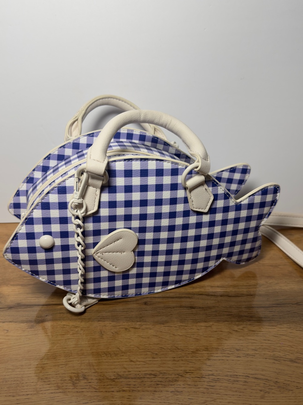 NWT Betsey Johnson Blue Gingham Fish Shaped Crossbody Bag in Blue and White